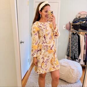byTiMo Cream Floral Purple Ruffle Long Sleeve Mini Dress Small
